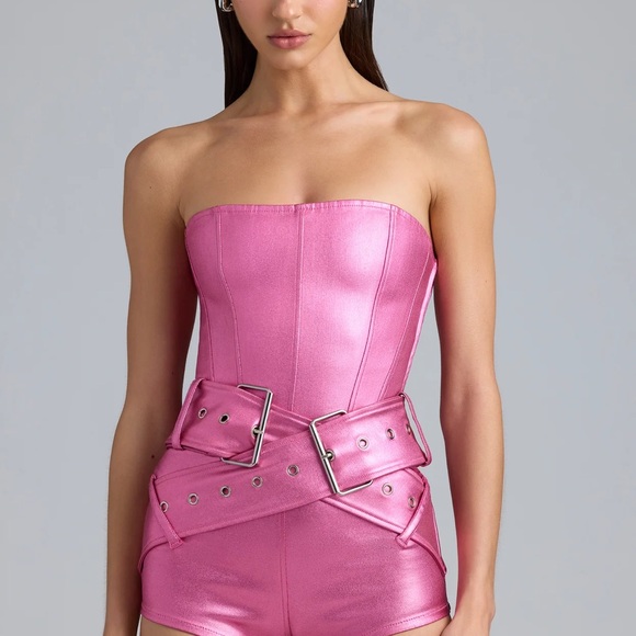 Oh Polly x Bratz Sasha Metallic Denim Belted Corset Playsuit in Deep Pink - Picture 5 of 5
